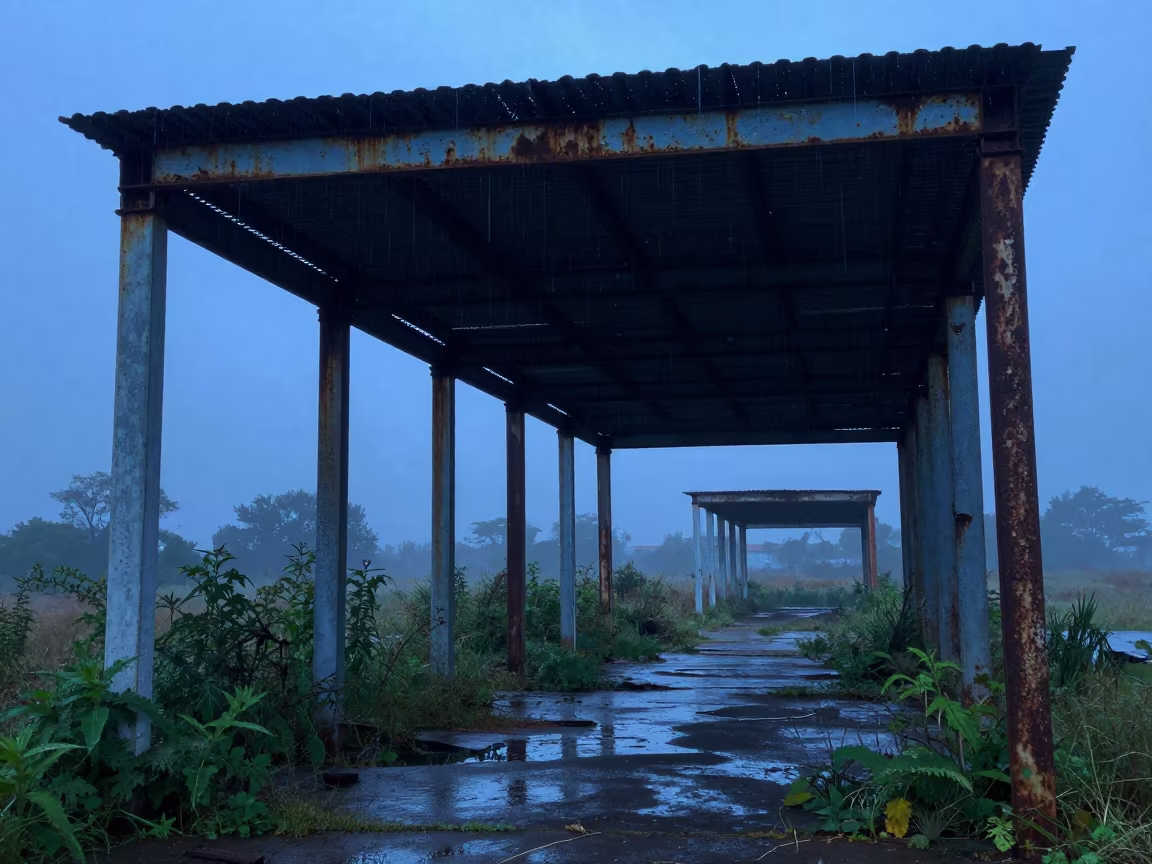 Derelict Canopy Under Salt Haze at Dusk in among toppled columns and nettles near Cordoba Argentina