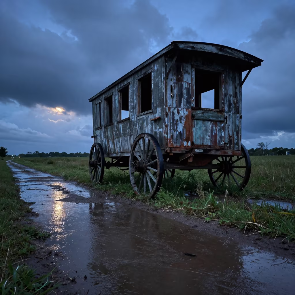 Derelict Carriage House and Cart in Rainy Evening in along a game trail near Dania