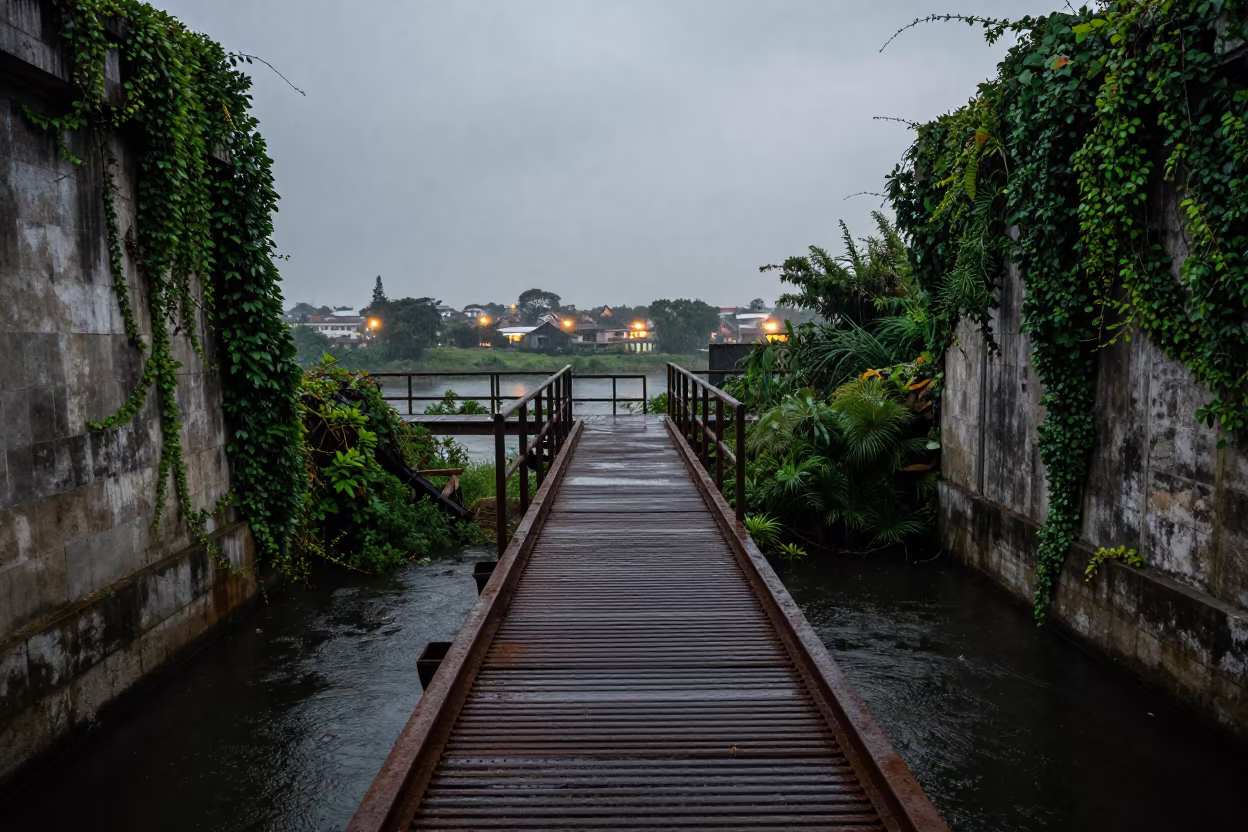 Derelict Catwalk Over Black Water in Rain in beside ivy-draped masonry near Quezon City