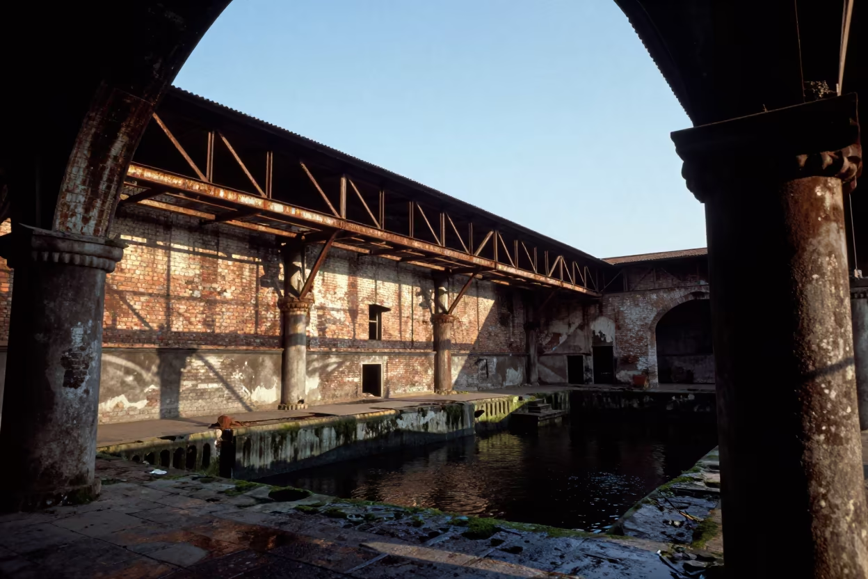 Derelict Catwalk Over Black Water in Roofless Hammam in inside a roofless hammam near Chittagong
