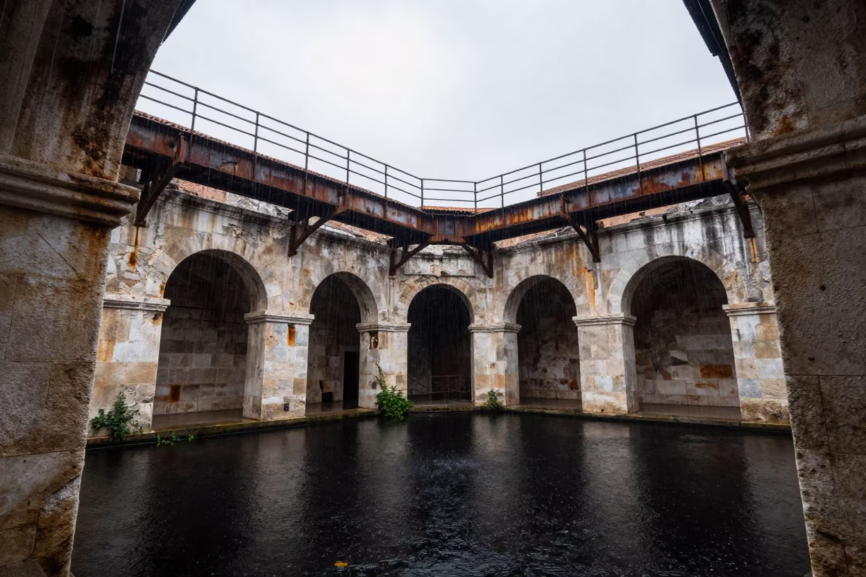 Derelict Catwalk Over Black Water in Madrid Hammam in inside a roofless hammam near Rastro, Madrid
