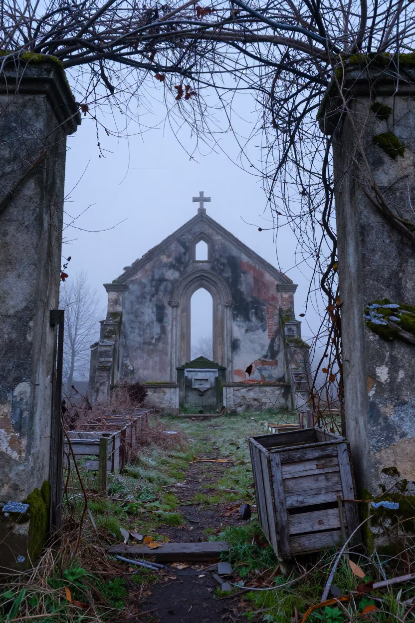 Derelict Chapel Aisle Under Vines in Dawn Mist in near Delmas