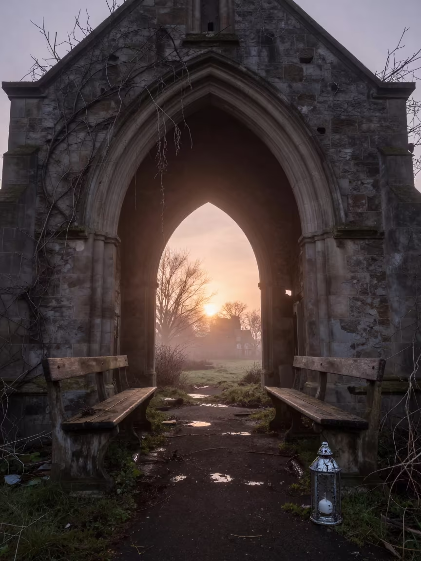 Derelict Chapel Aisle Winter Fog Light in beneath a broken stone arch near Halifax