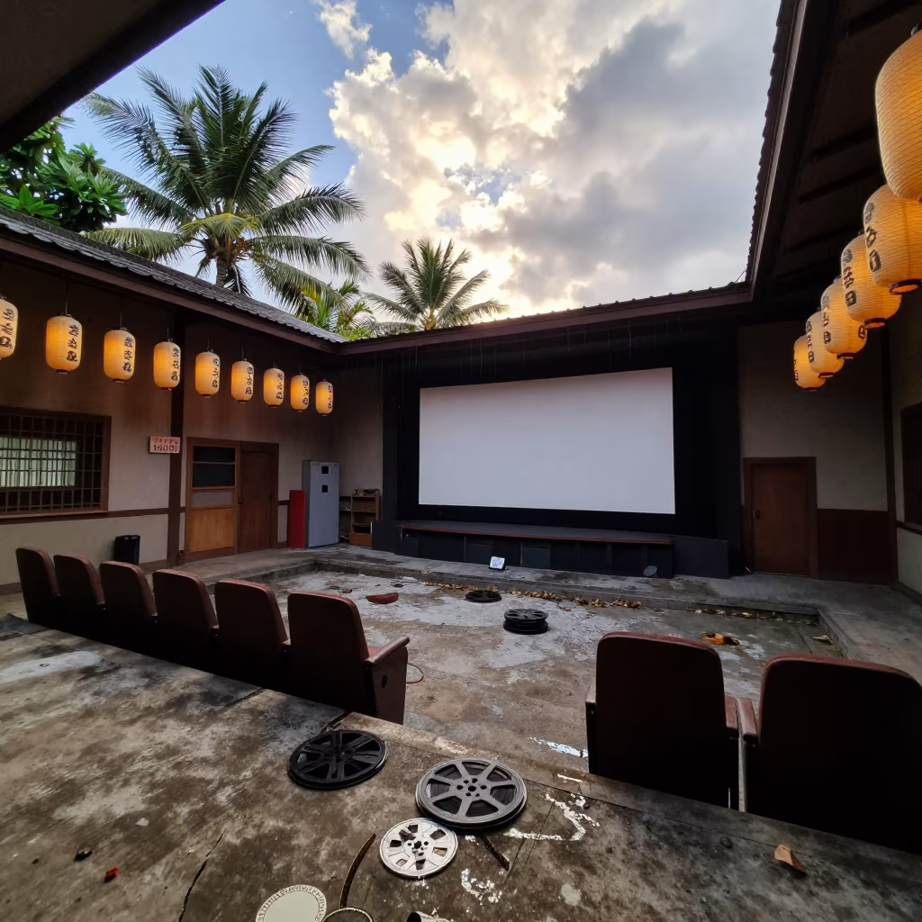 Derelict Cinema Room with Lanterns in Bor in in a shrine lined with lanterns in Bor