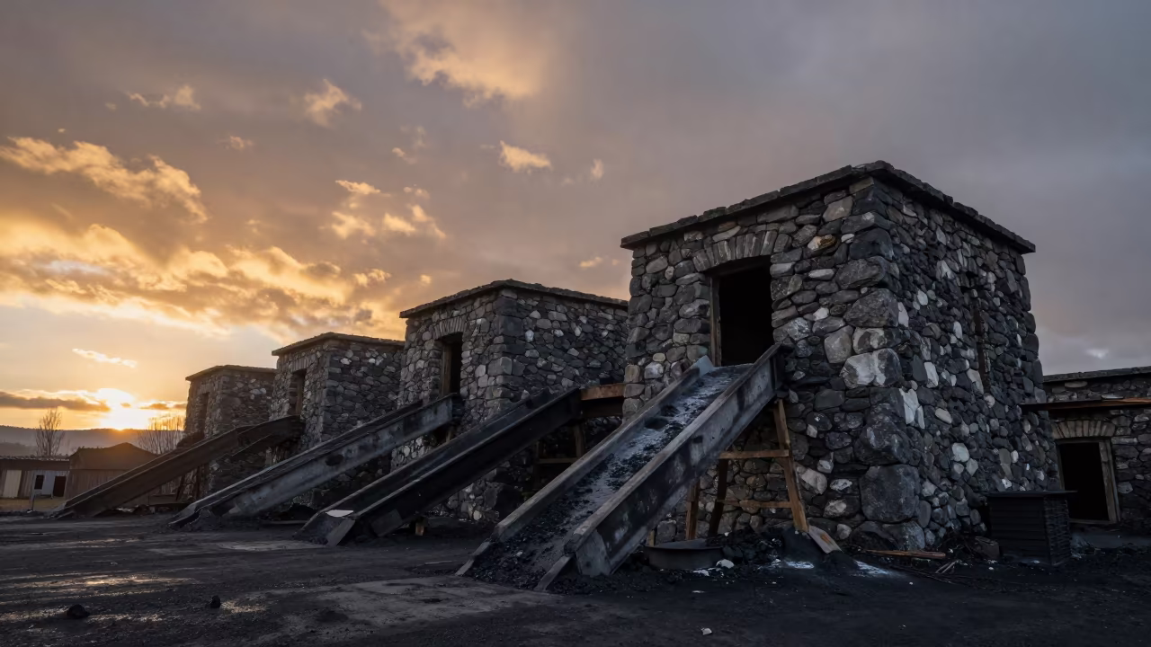 Derelict Coal Washery in BC Amber Sunset in among roofless stone chambers in British Columbia