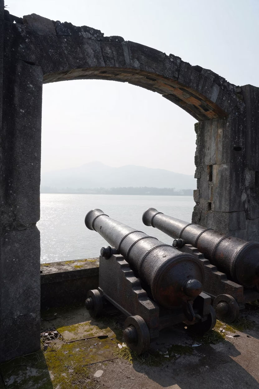 Derelict Coastal Battery Under Stone Arch in beneath a broken stone arch in Arunachal Pradesh