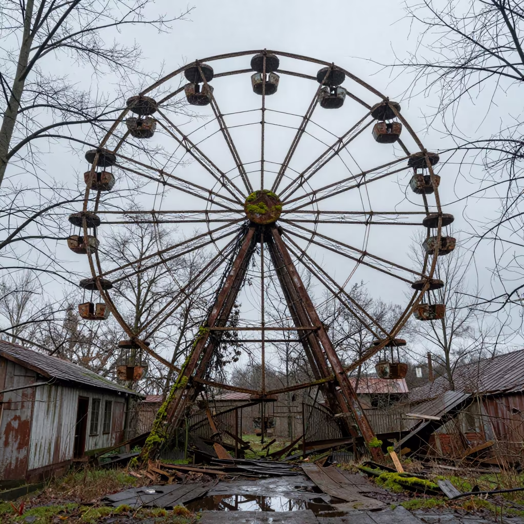 Derelict Ferris Wheel Ruin After Rain in inside a roofless nave near Angren