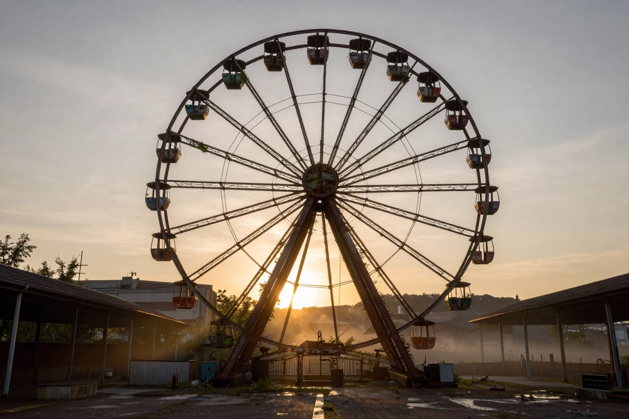 Derelict Ferris Wheel at Sunset in Bilbao Nave in inside a roofless nave near Bilbao