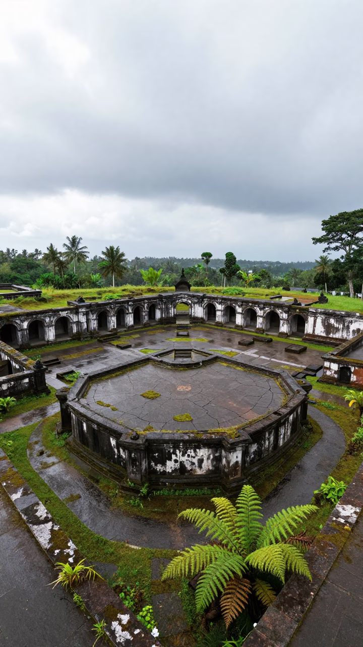 Derelict Fort Ruins After Rain in Bali in through an abandoned ceremonial court near Denpasar