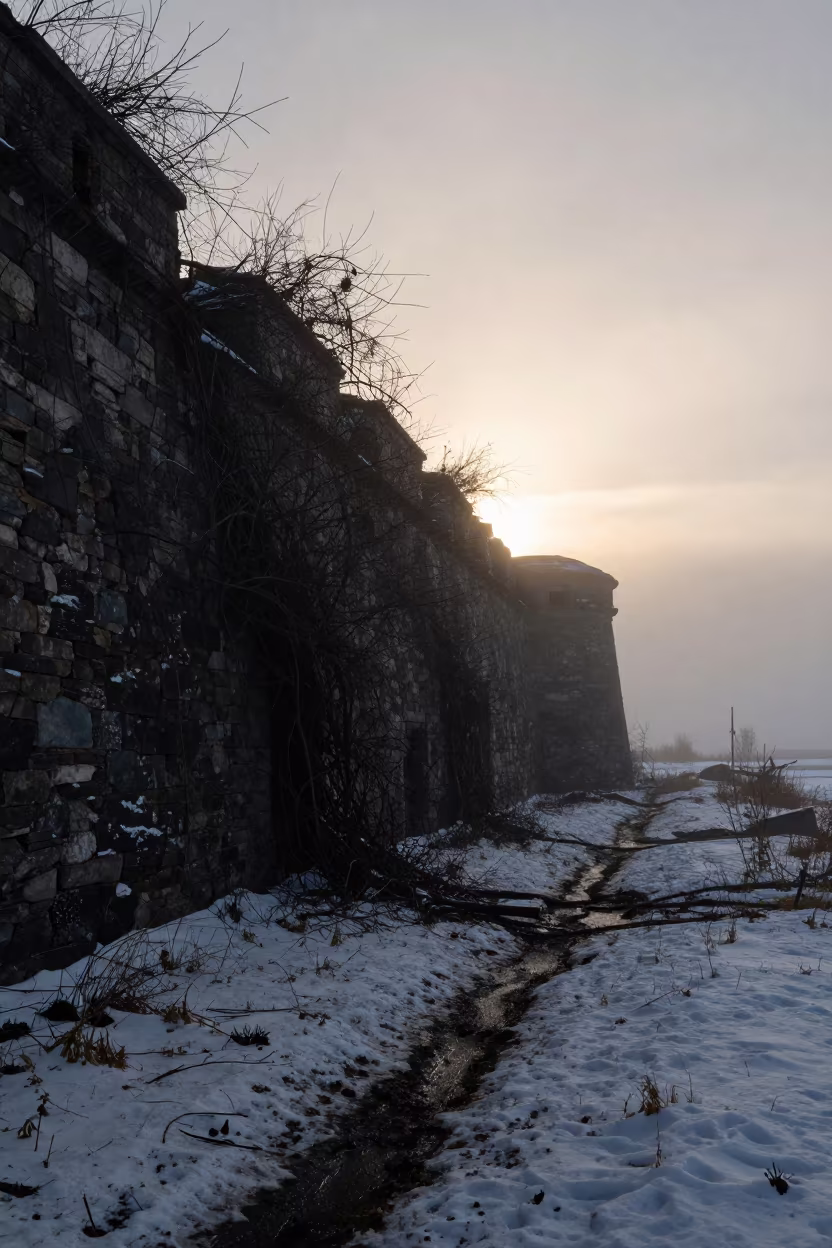 Derelict Fort Wall Silhouetted in Blown Snow in along a vine-choked corridor near Fairbanks