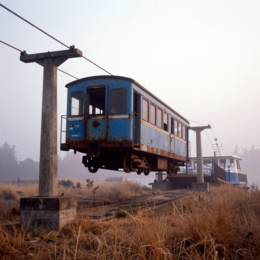 Derelict Funicular Carriage in Misty Dawn in across a remote ferry crossing near Entoto, Addis Ababa