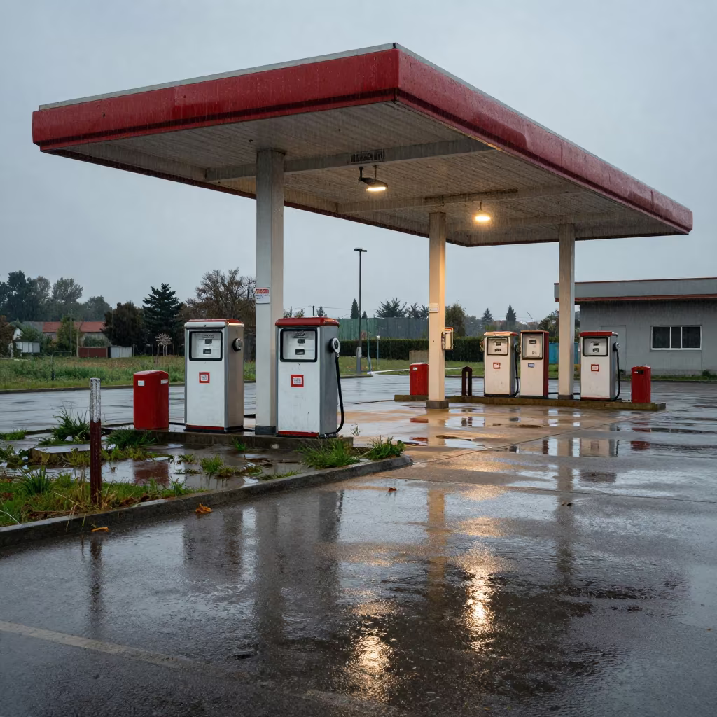 Derelict Gas Station in Italian Courtyard Rain in through a courtyard reclaimed by grasses in Italy