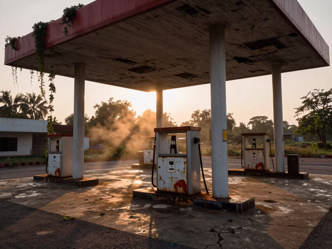 Derelict Gas Station in Monsoon Madhya Pradesh in through an abandoned ceremonial court in Madhya Pradesh