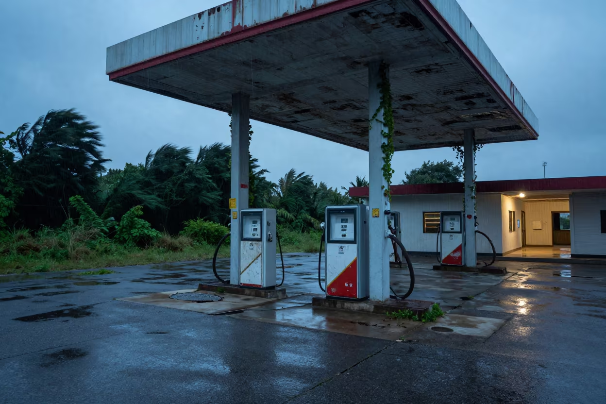Derelict Gas Station Ponce Wet Season in along a vine-choked corridor near Ponce