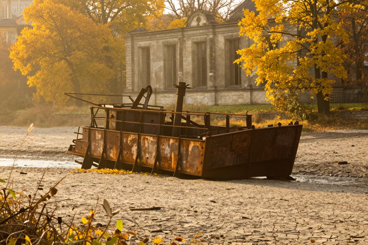 Derelict Gold Dredge in Berlin Riverbed in among collapsed cloisters near Tempelhof, Berlin