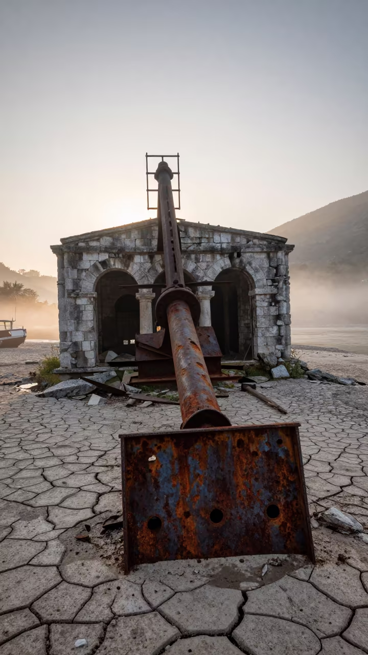 Derelict Gold Dredge Among Montenegro Cloisters in among collapsed cloisters in Montenegro