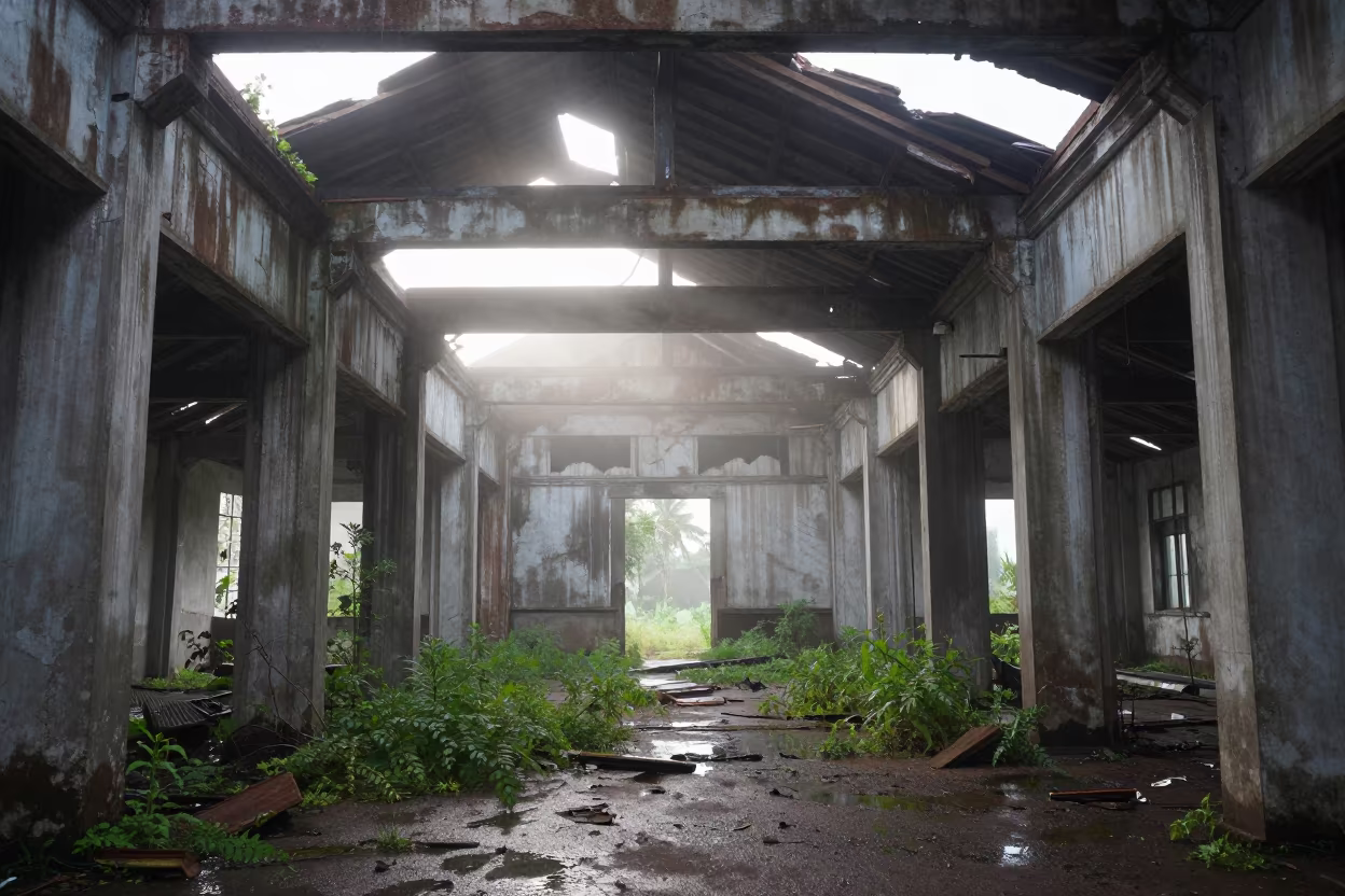 Derelict Grain Warehouse Ruin in Misty Rainy Season in among toppled columns and nettles near Bandar Lampung