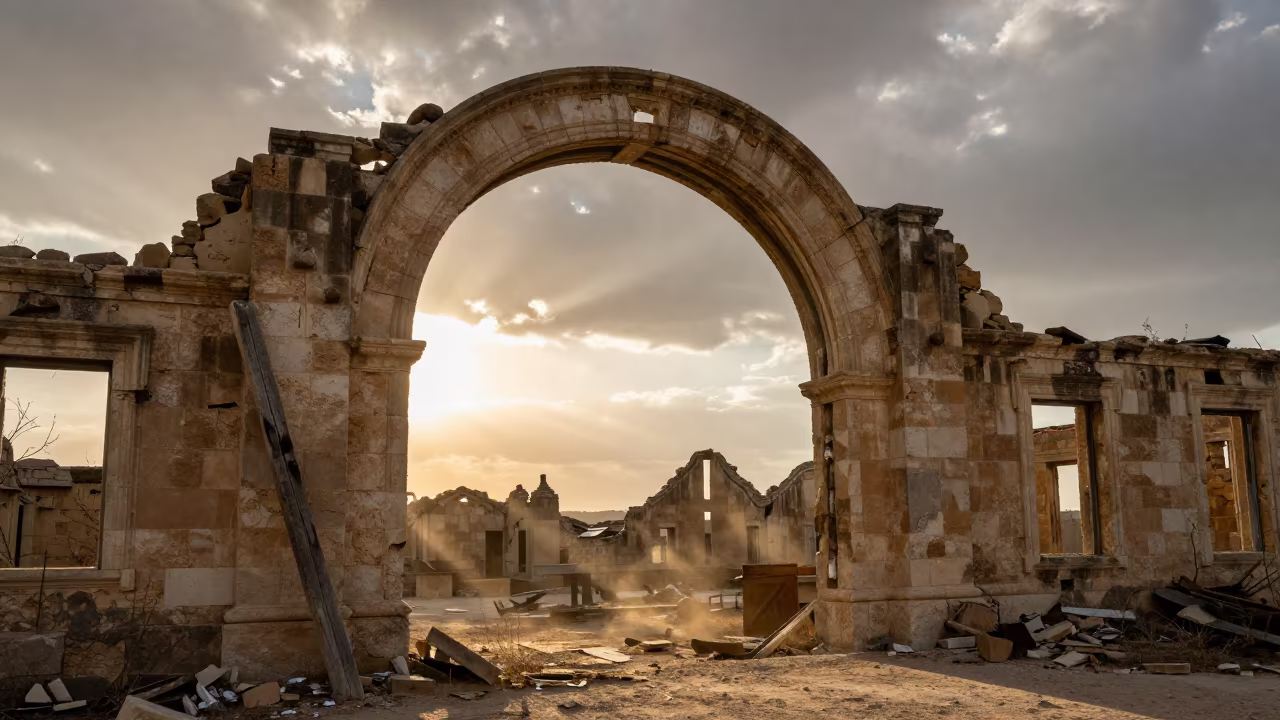 Derelict Grain Warehouse Ruin Syria Golden Hour in beneath a broken stone arch in Syria