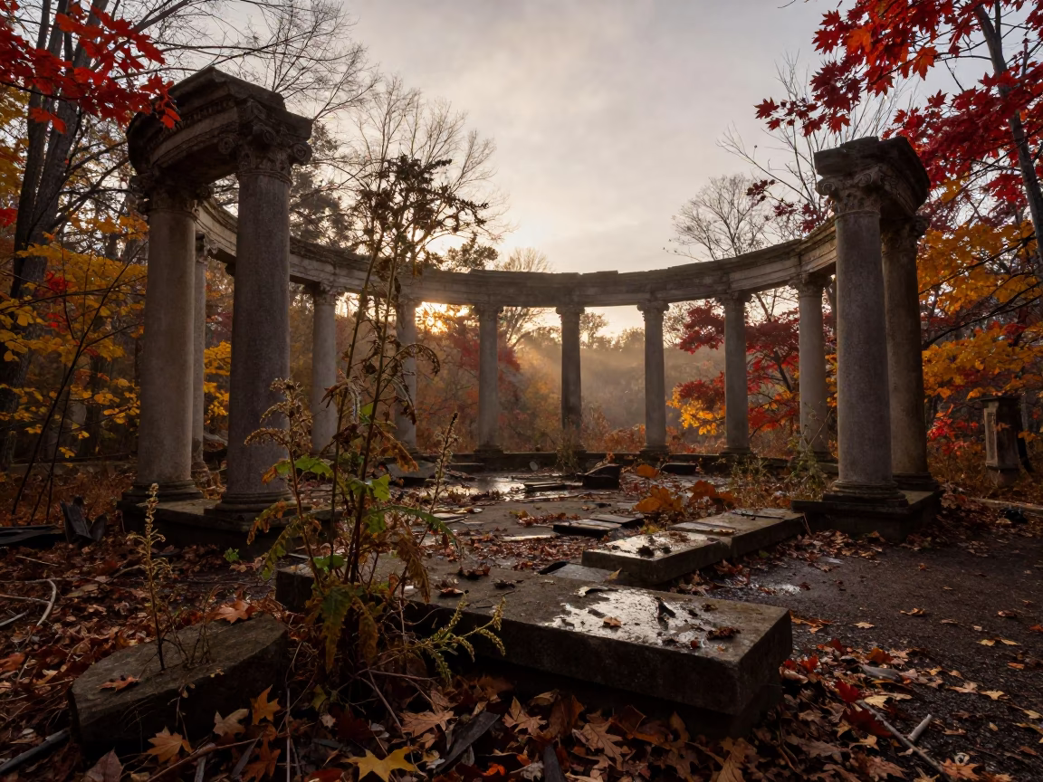 Derelict Gym Gymnasium with Autumn Leaves in among toppled columns and nettles in North Carolina