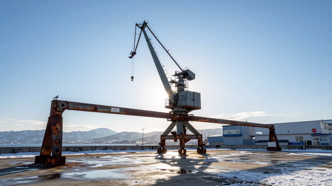Derelict Harbor Crane in Hokkaido Sunrise in in Hokkaido