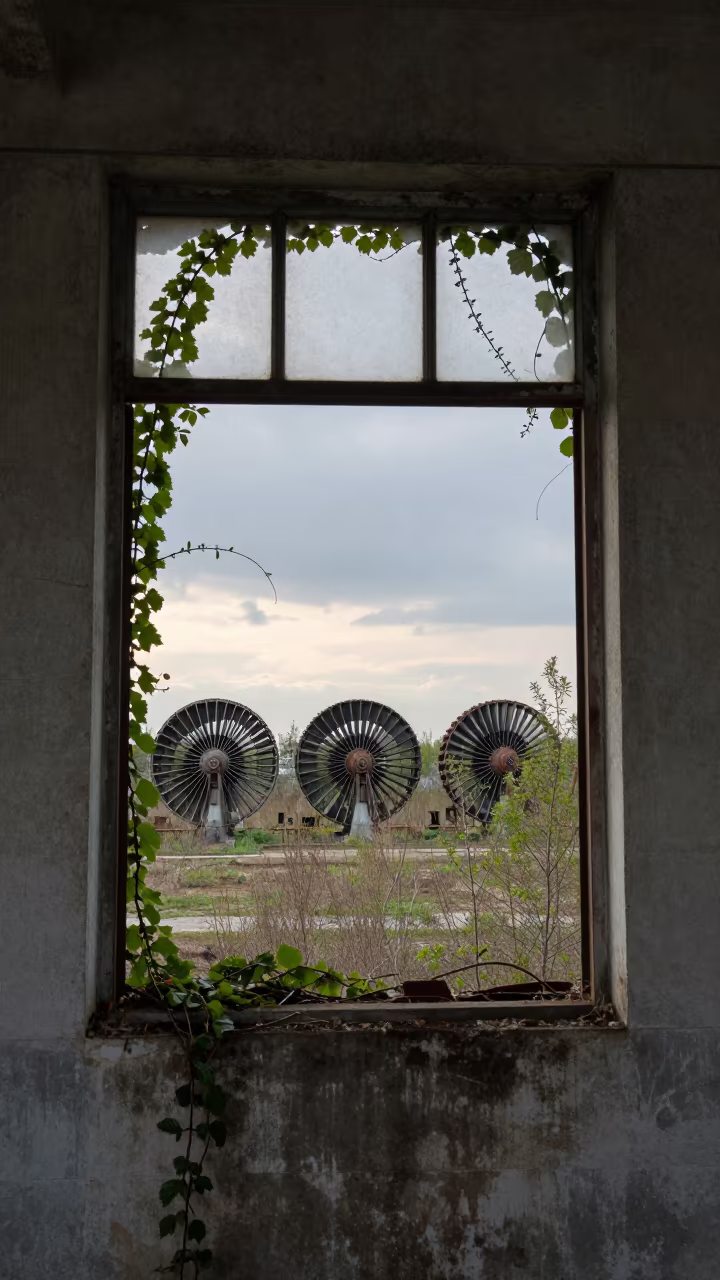 Derelict Hydro Plant Window Overlooking Dead Turbines in along a vine-choked corridor near Ashdod