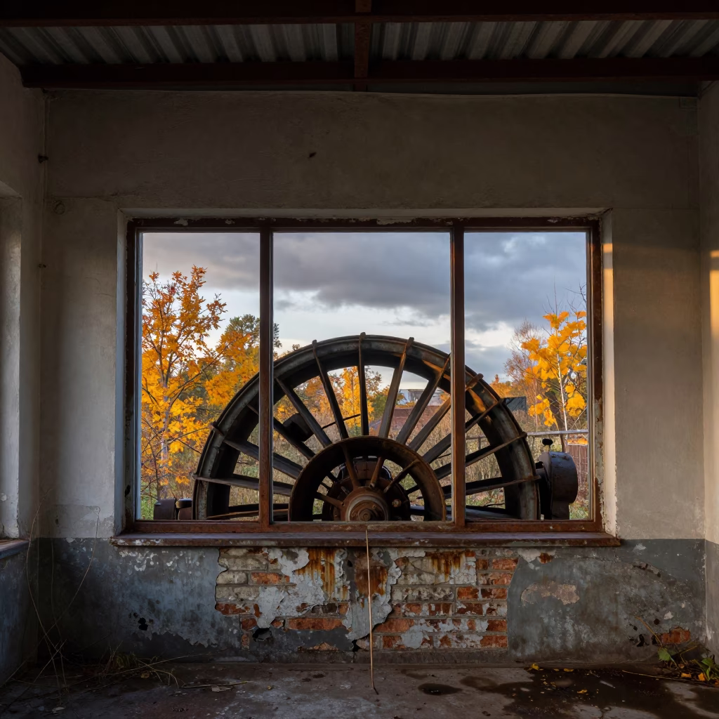 Derelict Hydro Plant Window Sunset View in inside a roofless hammam near Sosnowiec