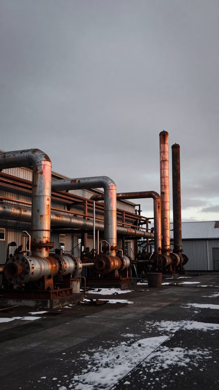 Derelict Ice Factory Ammonia Pipes in in a machine shop near Hlemmur, Reykjavik