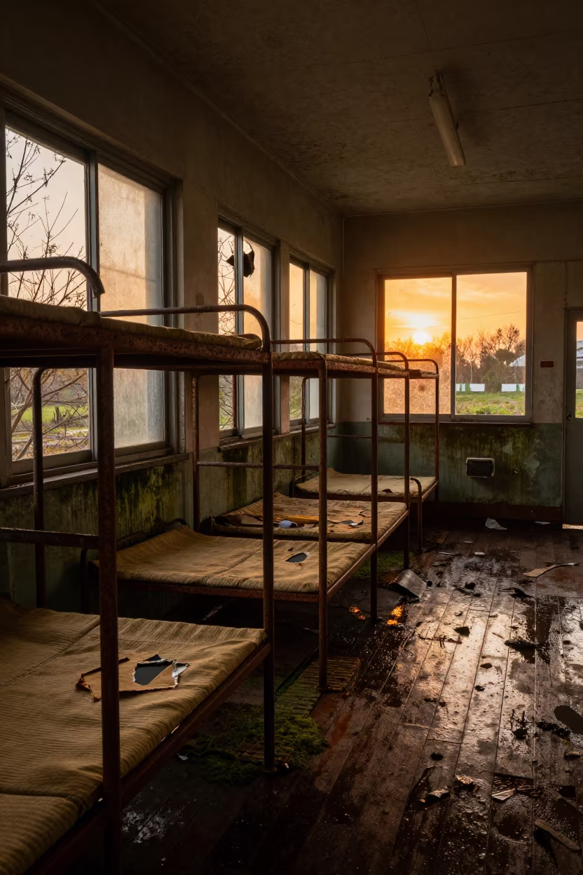 Derelict Japanese Barracks with Cots in Amber Light in along a derelict bunk room open to rain and wind in Japan