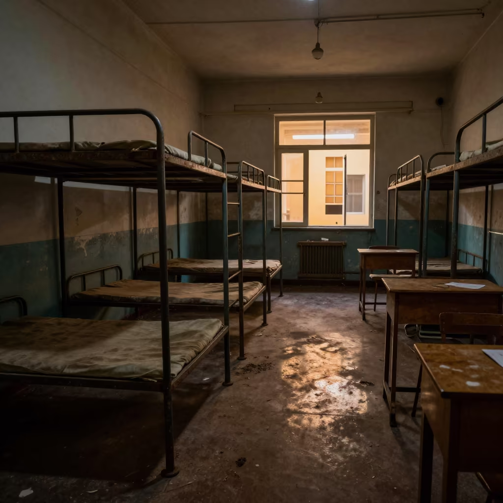 Derelict Khartoum School Dormitory Rows in inside a quiet classroom in Khartoum