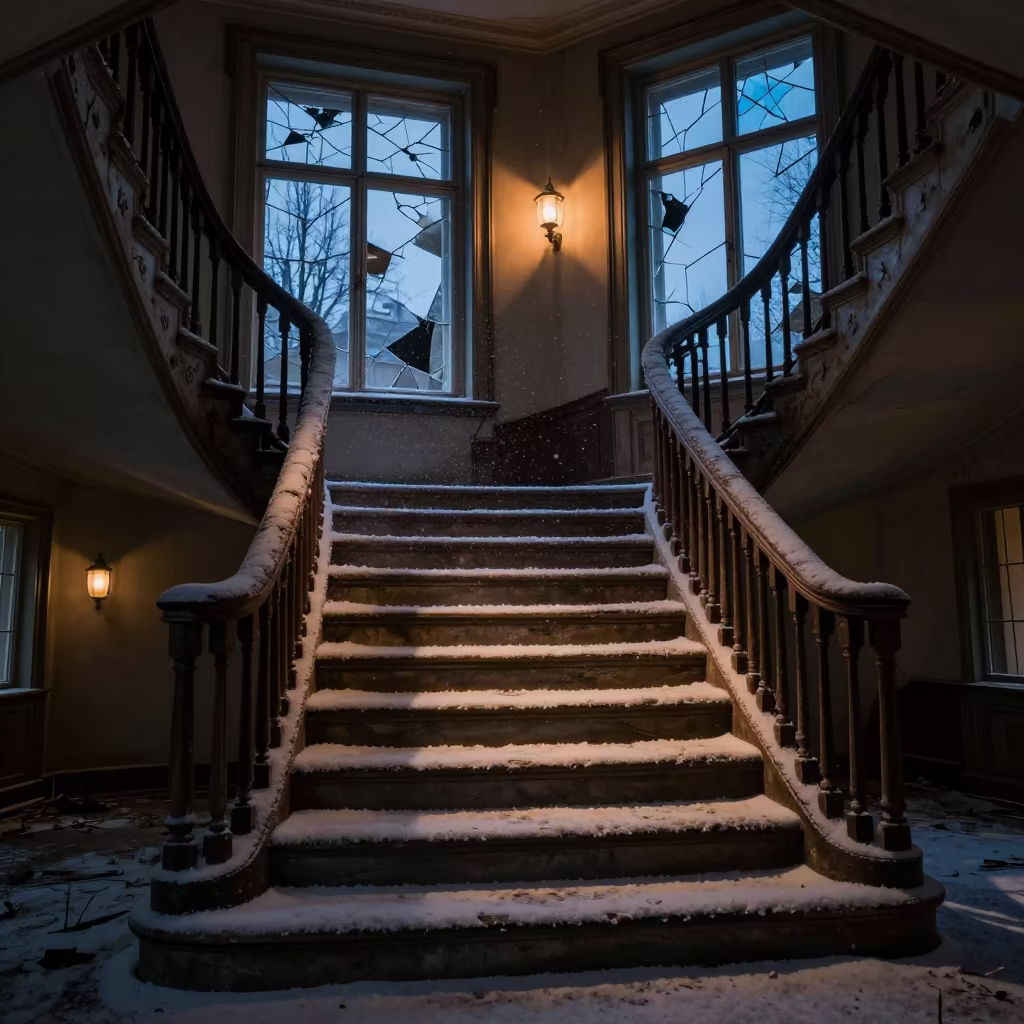 Derelict Manor Staircase Snow Dusk Oslo in in a derelict ward with shattered glass underfoot near Oslo