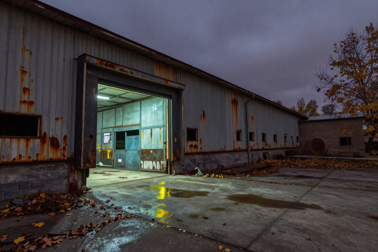 Derelict Match Factory Loading Dock Night in at a loading dock near Namangan