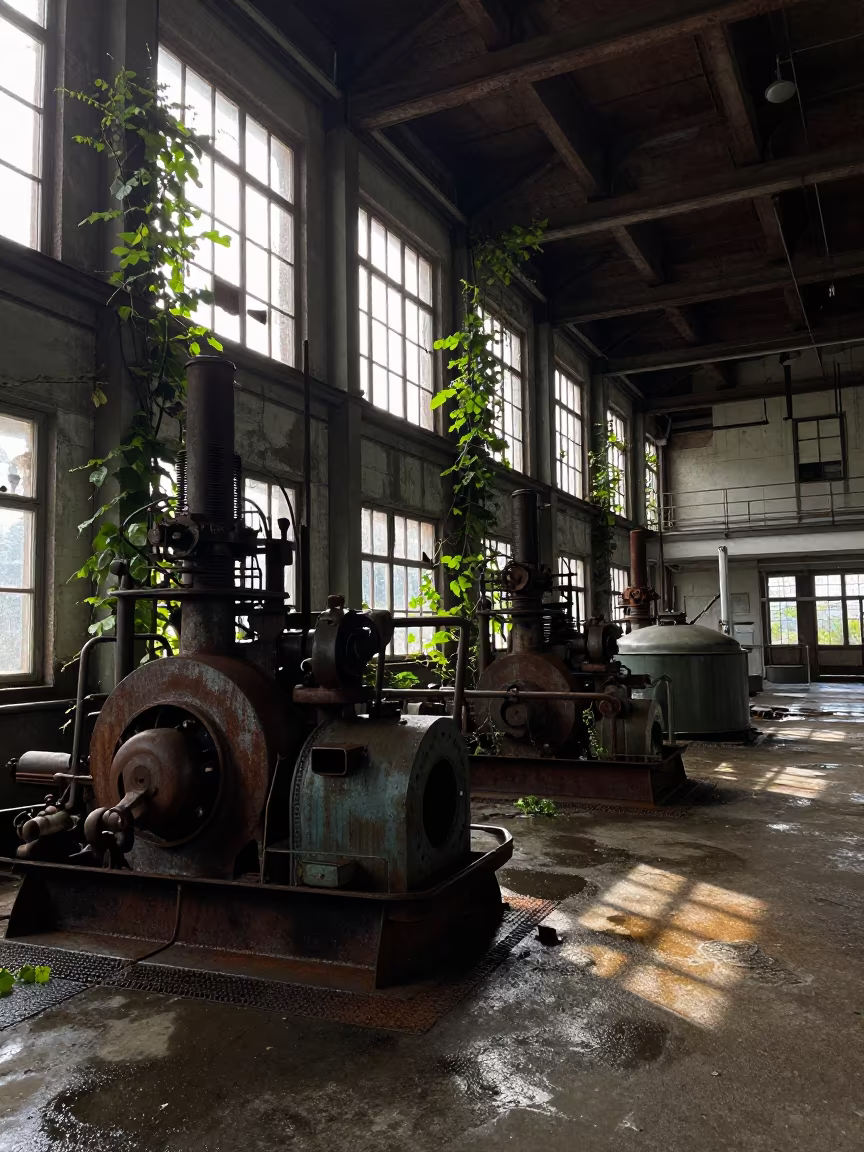 Derelict Mill Tea Hall Monsoon Light in inside a tea-processing hall in Rotterdam