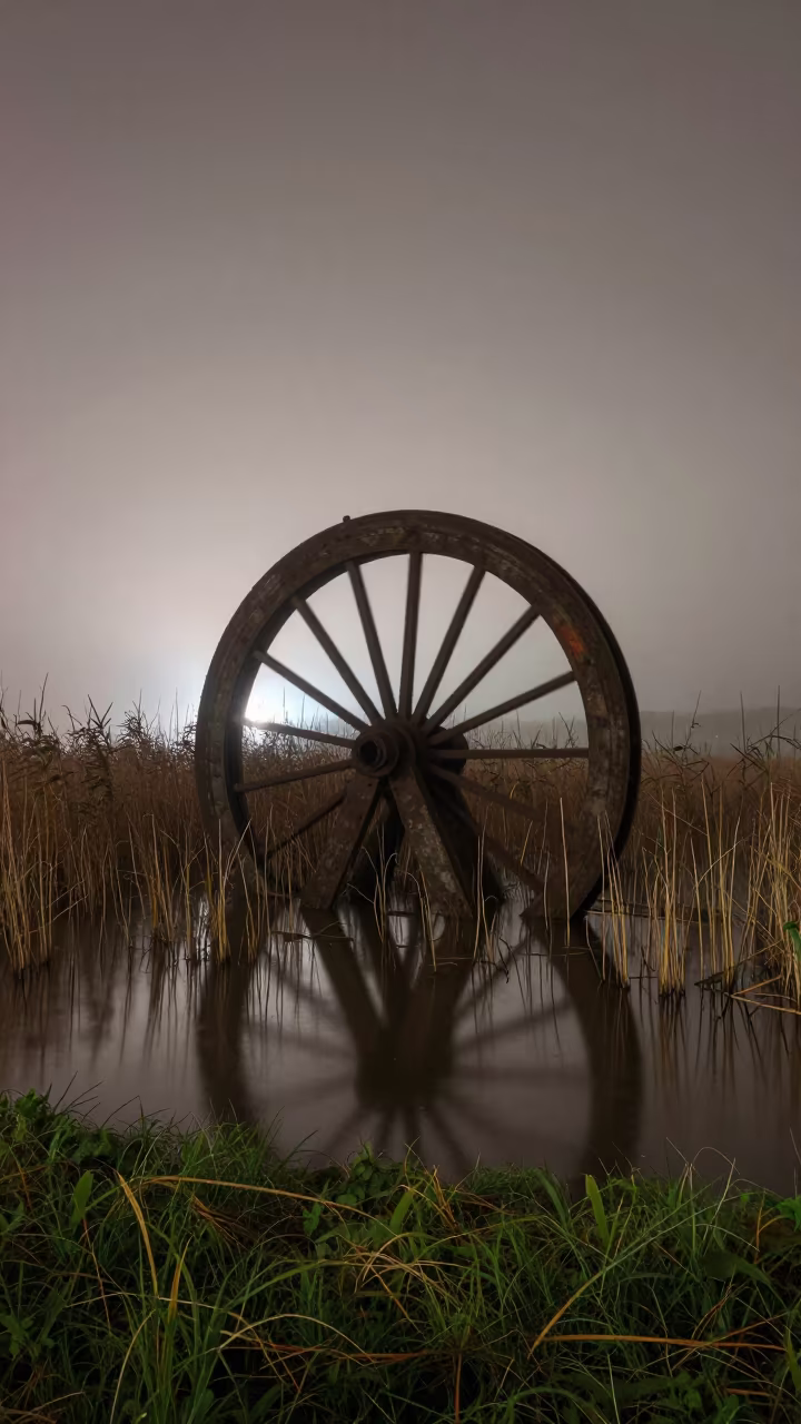 Derelict Mill Wheel in Predawn Mist Near Santos in through a courtyard reclaimed by grasses near Santos