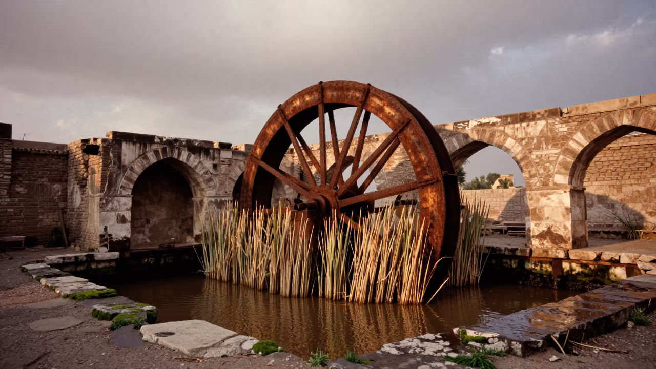 Derelict Mill Wheel Amid Reeds in Roofless Hammam in inside a roofless hammam near Minya