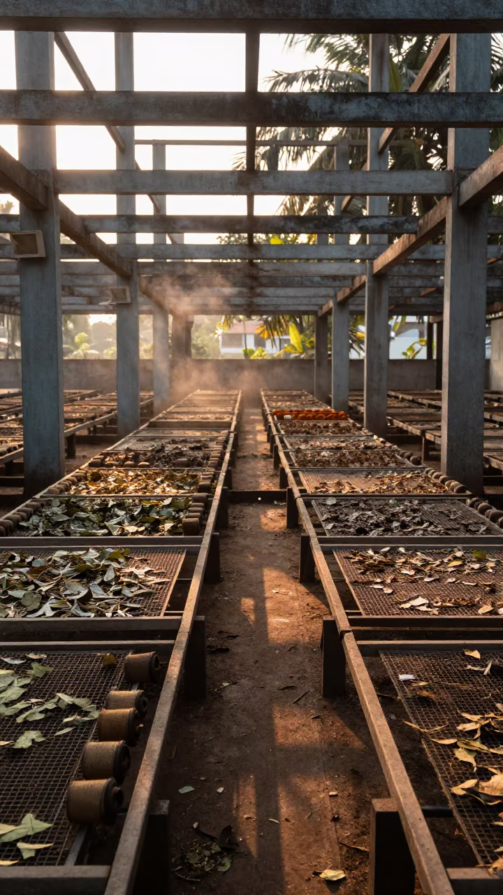 Derelict Mill with Yarn on Broken Bobbins in inside a leaf-drying room lined with mesh trays in Goa