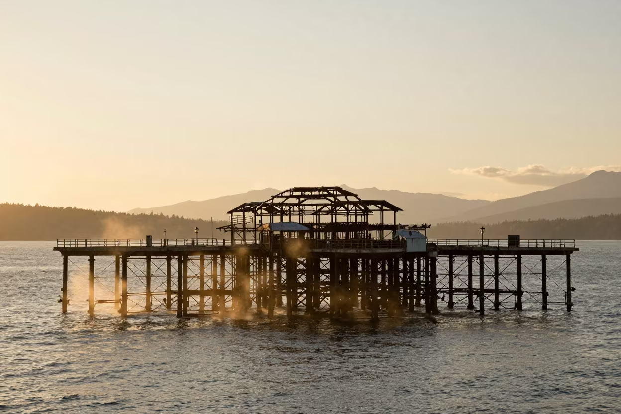 Derelict Pier Ruins in Davie Village Evening Light in through an abandoned ceremonial court near Davie Village, Vancouver