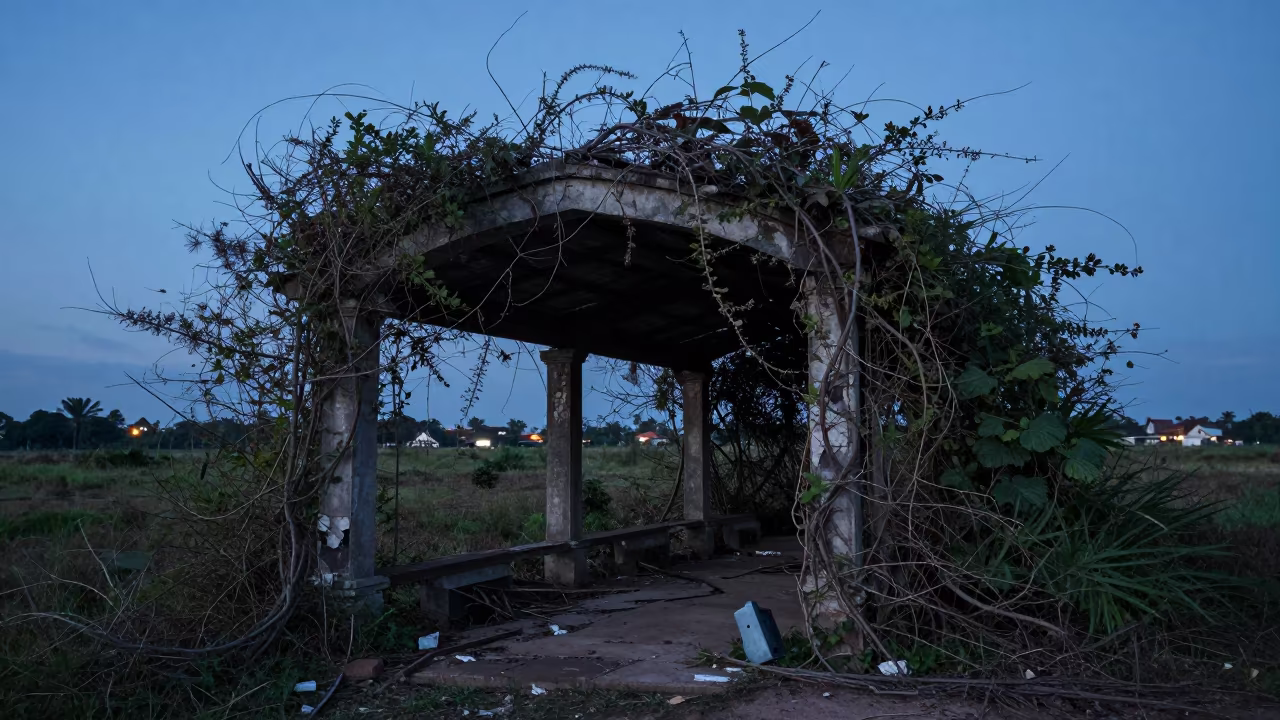 Derelict Platform Canopy Under Bramble in Papua in beneath a broken stone arch in Papua