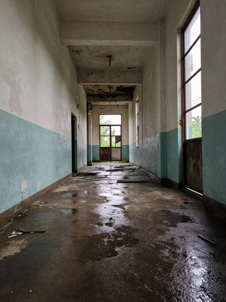 Derelict Power Station Corridor Jalapa Monsoon Light in along a derelict corridor with peeled paint and pooled water in Jalapa