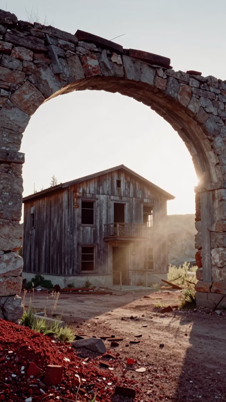 Derelict Quarry Office Under Red Spoil Arch in beneath a broken stone arch in Alberta