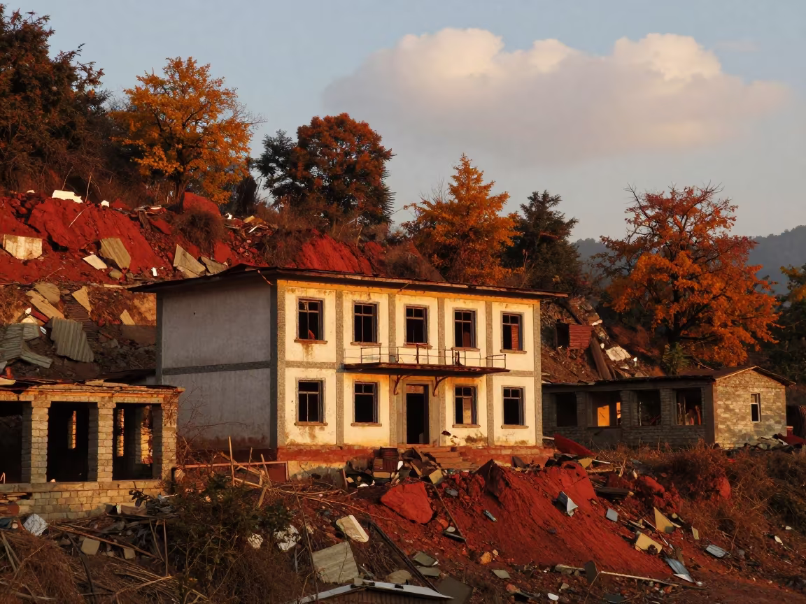 Derelict Quarry Office Under Red Spoil Ridge in among collapsed cloisters near Pokhara