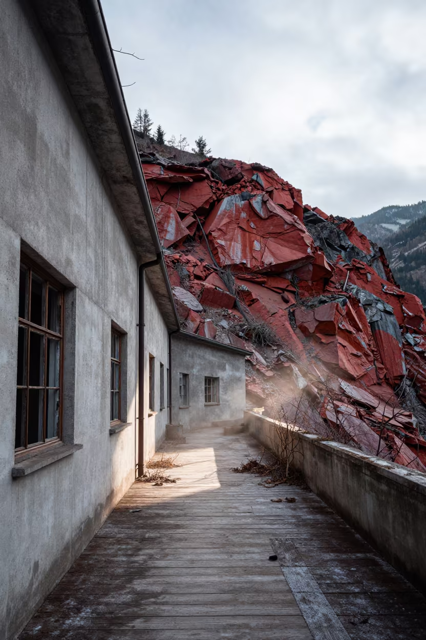 Derelict Quarry Office Amid Red Spoil Ridge Tyrol in along a vine-choked corridor in Tyrol
