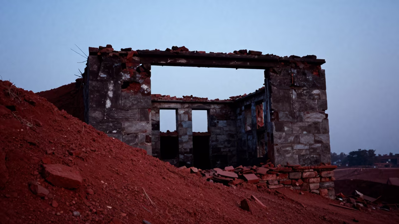 Derelict Quarry Office Silhouette at Twilight in inside a roofless nave near Thamel, Kathmandu