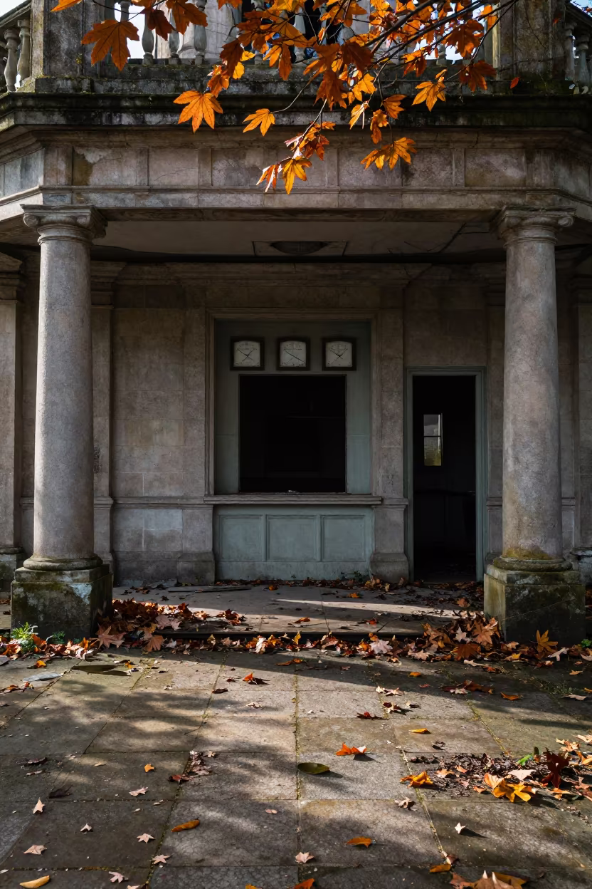 Derelict Radio Station in Autumn Court in through an abandoned ceremonial court in United Kingdom