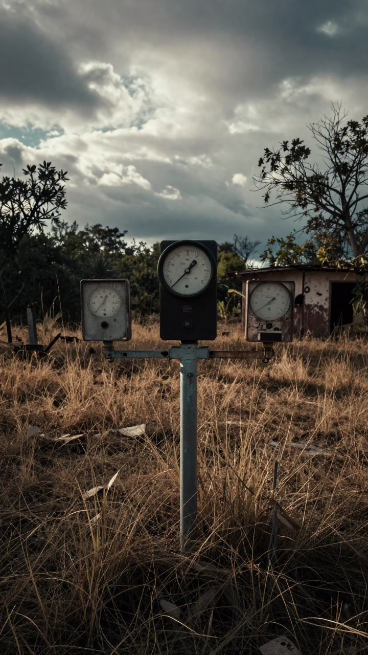 Derelict Radio Station Ruins in Dry Season in through a courtyard reclaimed by grasses near Merida