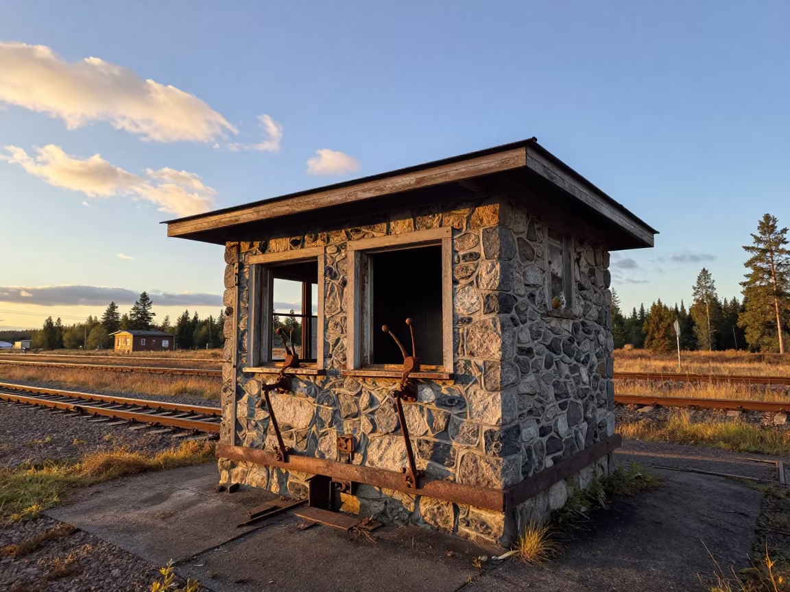 Derelict Railway Signal Box Finland Golden Hour in among roofless stone chambers in Finland