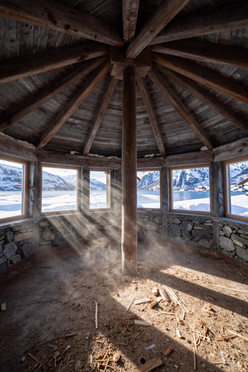 Derelict Rope Factory in Roofless Fjord Hammam in inside a roofless hammam in the Fjords of Norway