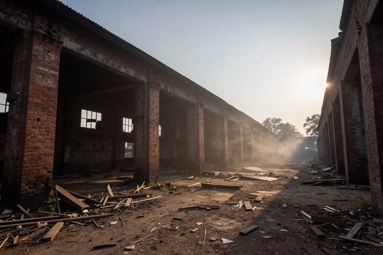 Derelict Rope Factory Ruin in Early Evening Mist in inside a roofless nave near Satna