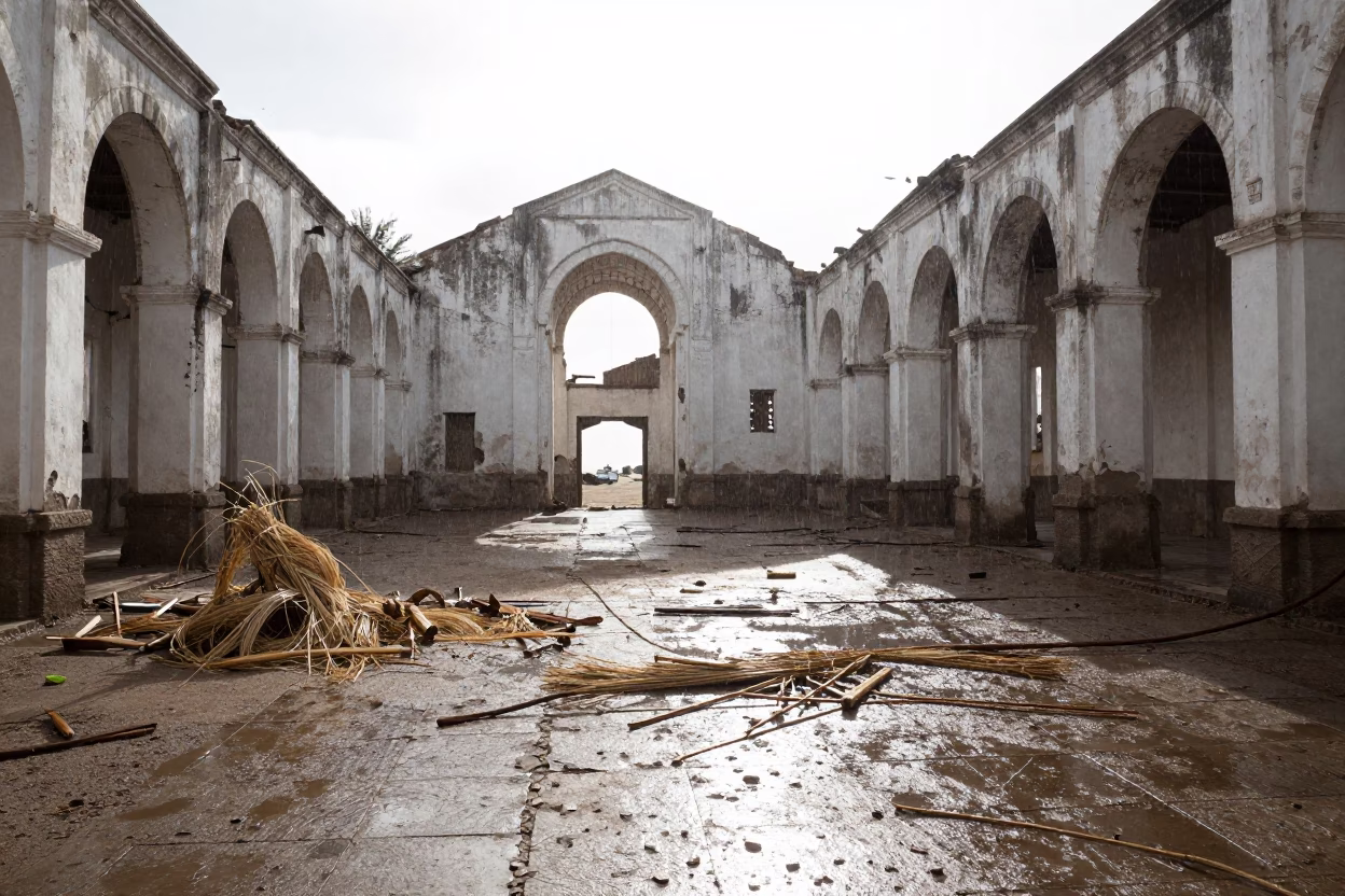 Derelict Rope Factory Ruins Ethiopia Midday in among collapsed cloisters in Ethiopia