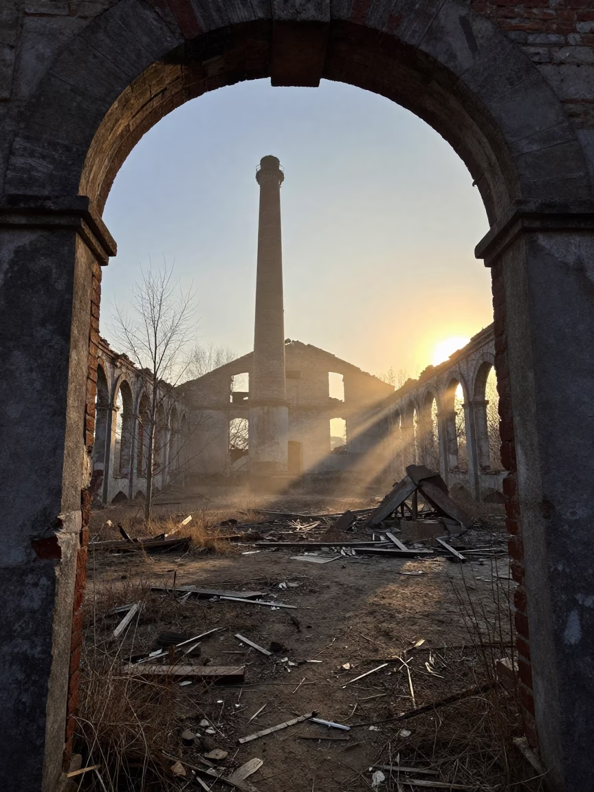 Derelict Rope Factory Ruins in Muridke Golden Light in among collapsed cloisters near Muridke
