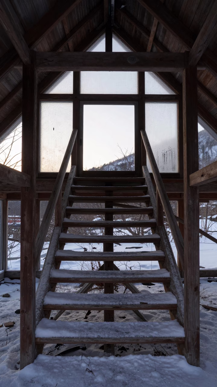 Derelict Staircase Under Blown Snow in Hokkaido Hammam in inside a roofless hammam in Hokkaido
